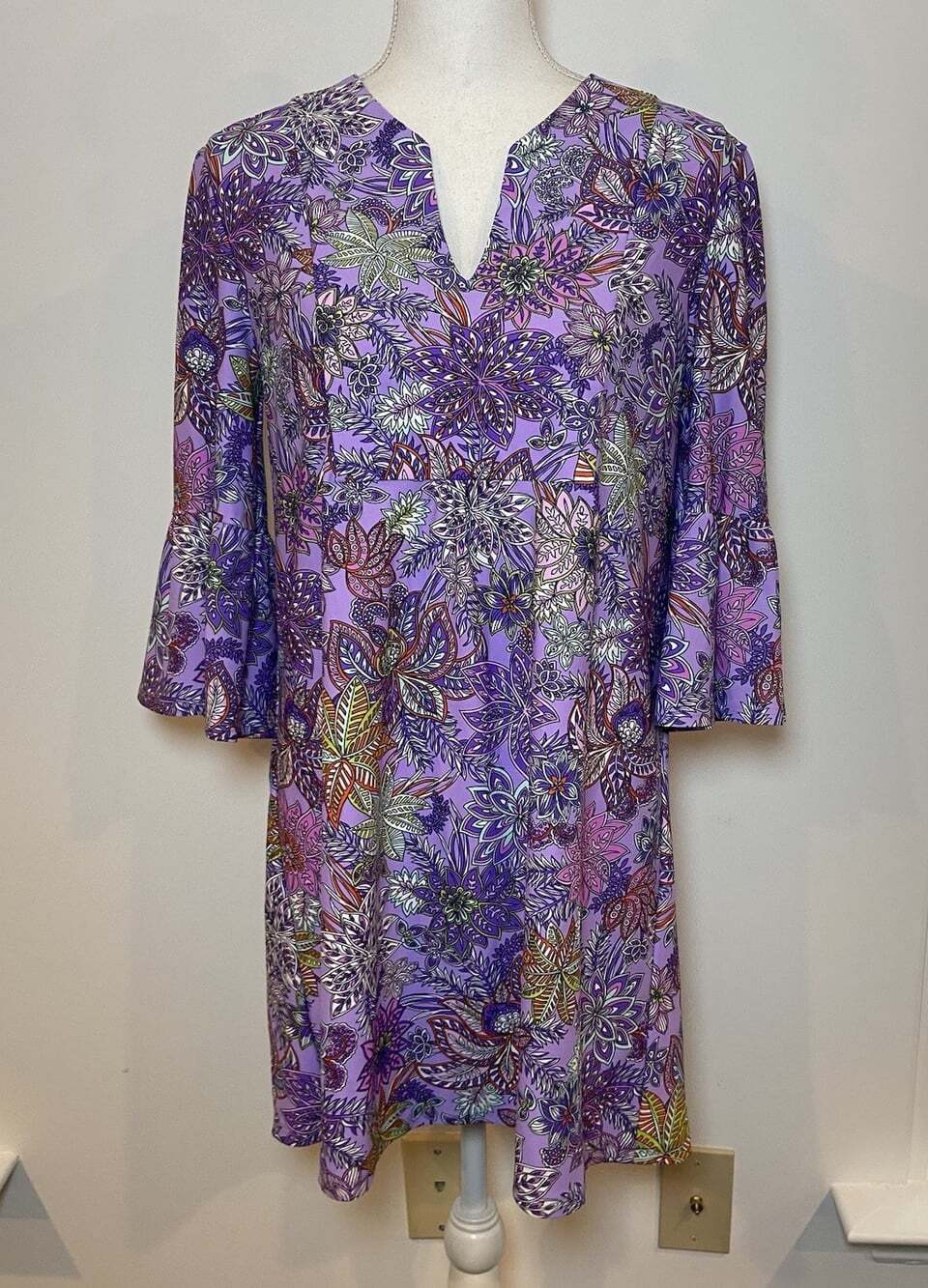 Jude Connally Dress A Line Ruffle Sleeve Stretch Purple Pink Green M